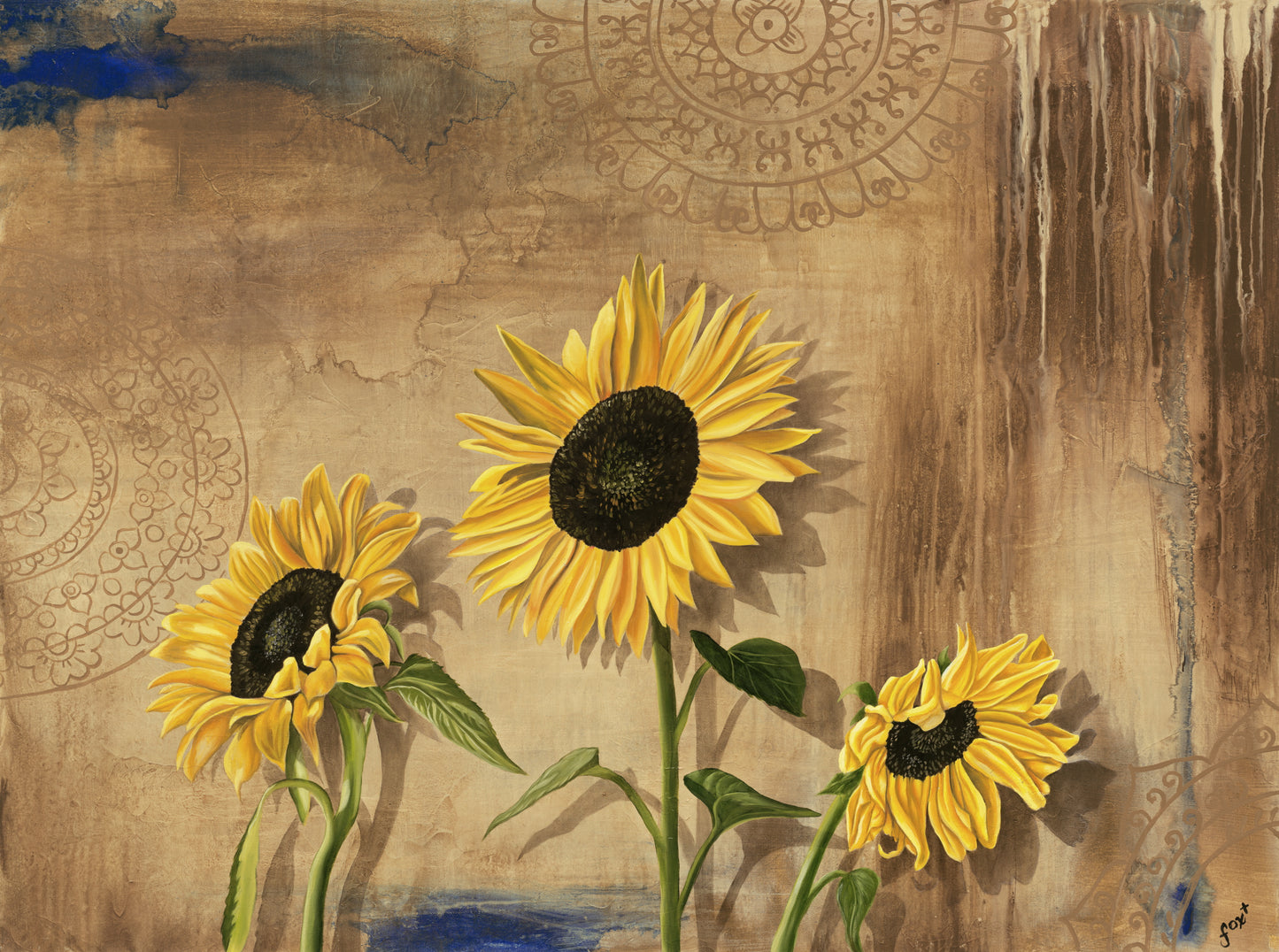 Three sunflowers on a textured brown background with geometric patterns