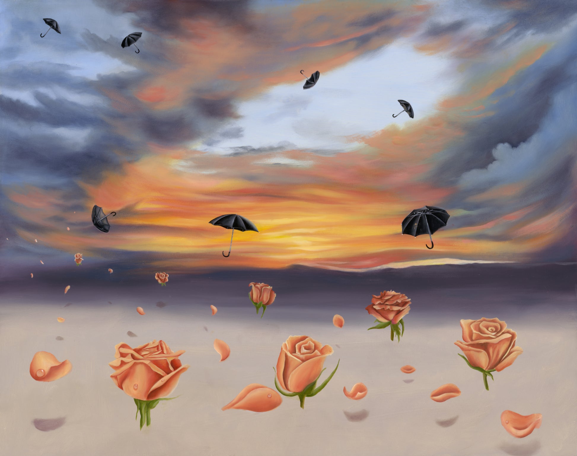 Artistic depiction of umbrellas and roses against a dramatic sky with clouds and sunset.